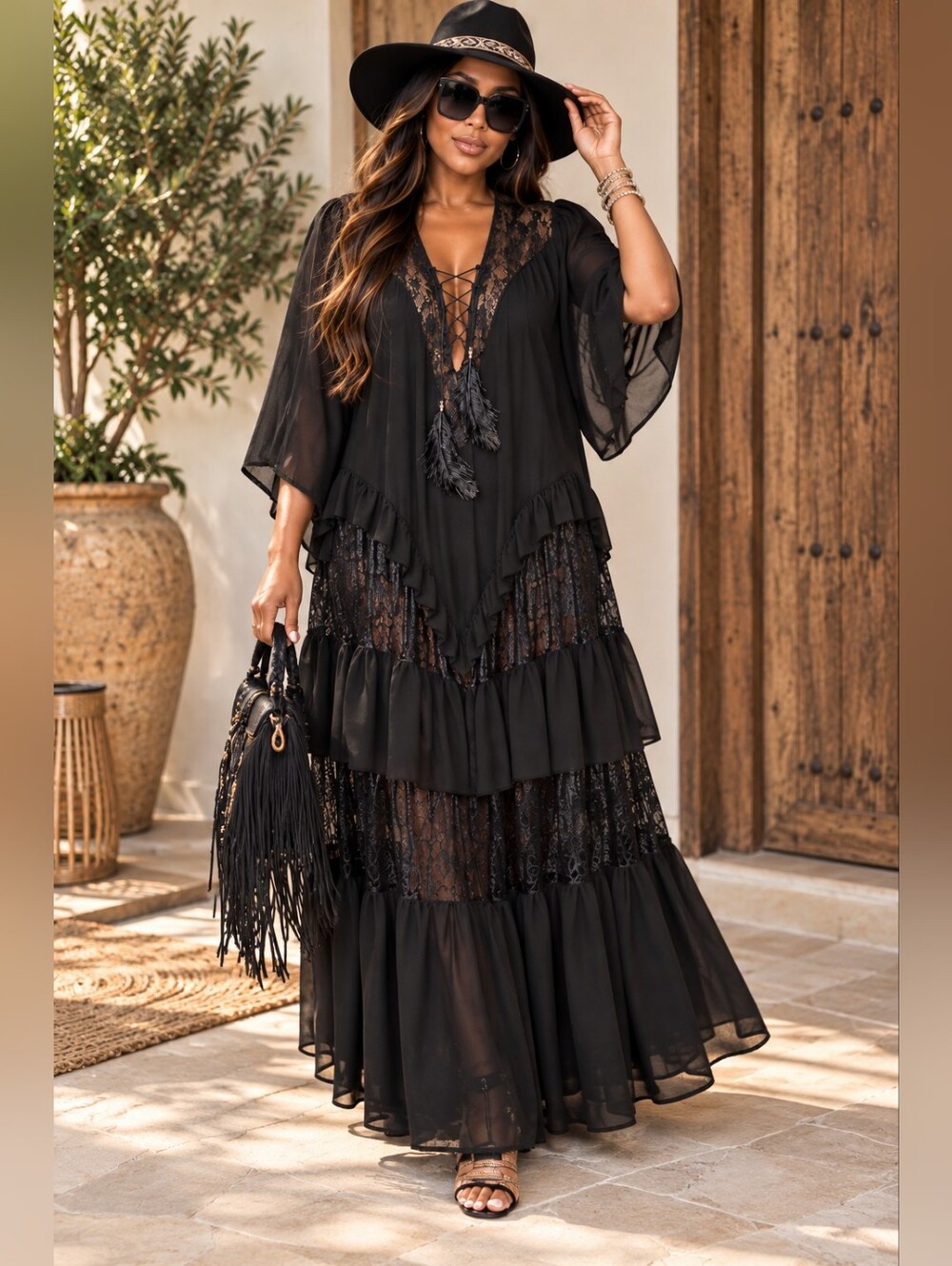 Cup Of T Black Lace Tiered Maxi Dress Bohemian Feather Tie Gothic Size M